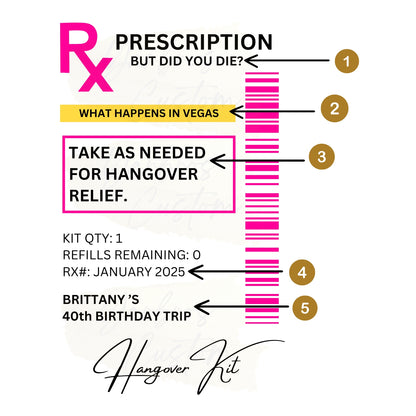 Hangover Kits Prescription Bottle Labels (Only)